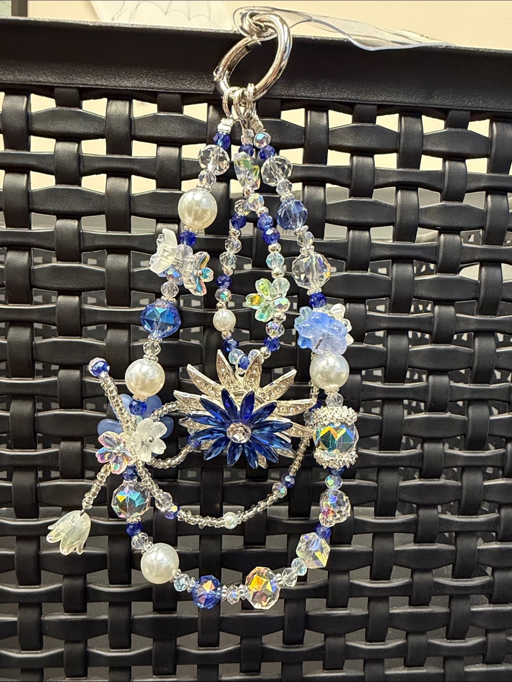 Crystal Floral Blue and Silver Pendant Keychain or Phone Charm - Women Jewelry